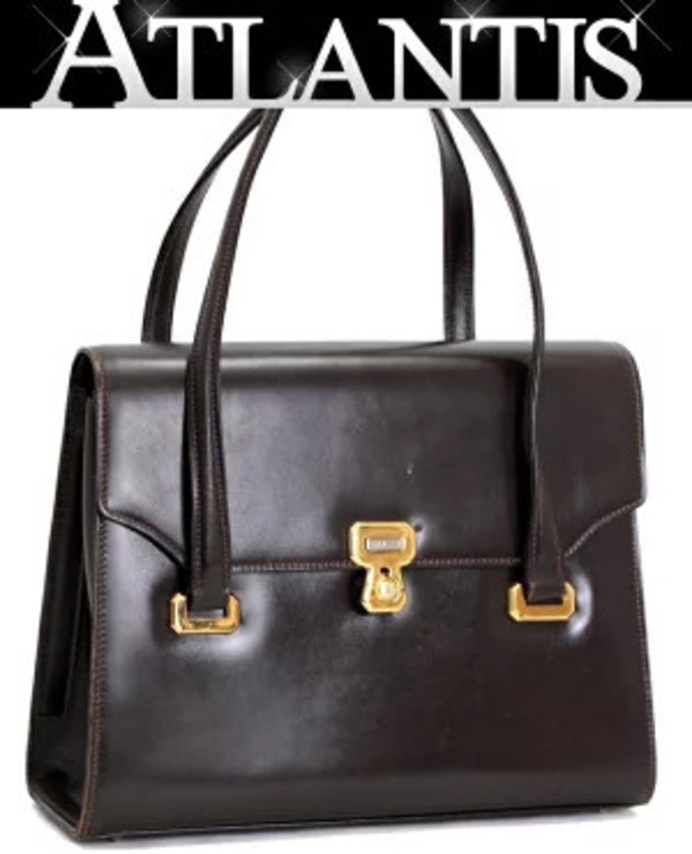 Gucci dark brown leather top handle handbag double straps lock closure